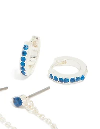 Boucles d’oreilles Silver Blue Cubic Zirconia Chain Flower & Huggie en paquet de 3