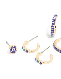 Gold Diamante Evil Eye & Cross Earrings 5-Pack