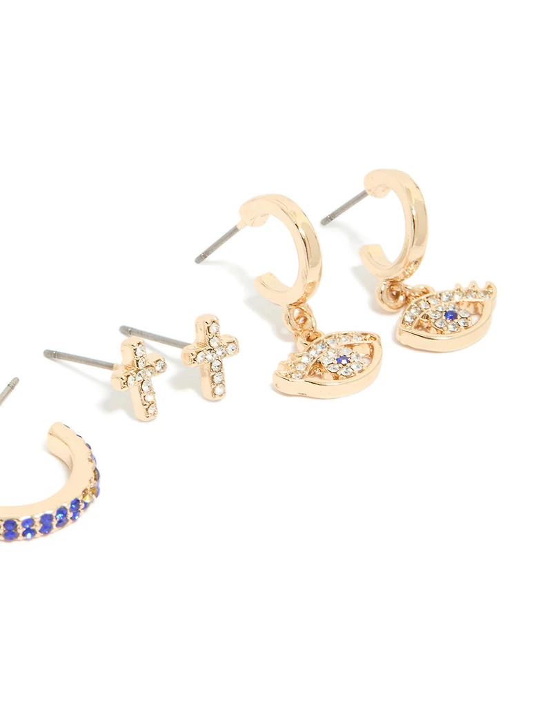 Gold Diamante Evil Eye & Cross Earrings 5-Pack