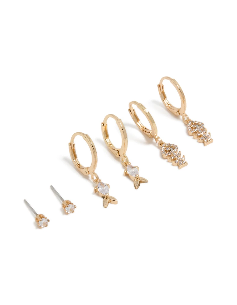 Gold Fish Cubic Zirconia Huggie & Stud Earrings 3-Pack