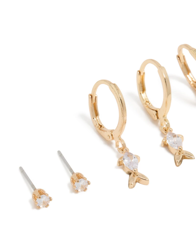 Gold Fish Cubic Zirconia Huggie & Stud Earrings 3-Pack