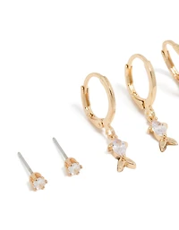 Gold Fish Cubic Zirconia Huggie & Stud Earrings 3-Pack