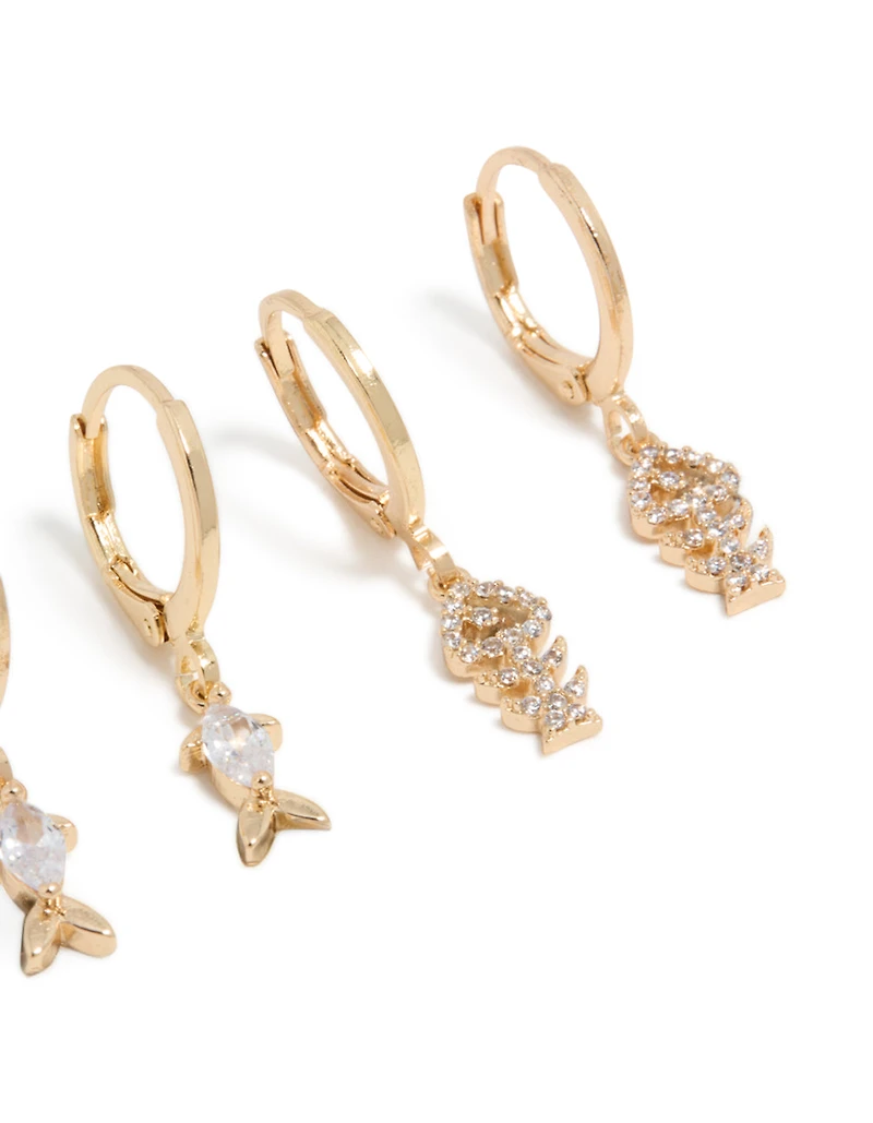 Gold Fish Cubic Zirconia Huggie & Stud Earrings 3-Pack