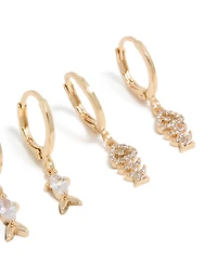 Gold Fish Cubic Zirconia Huggie & Stud Earrings 3-Pack