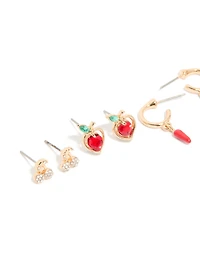 Gold Diamante Fruit Earrings 5-Pack