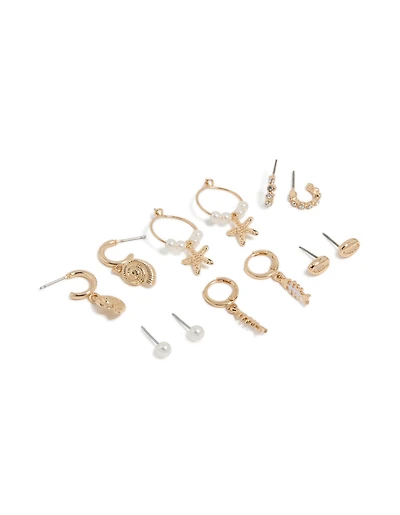 Gold Sea Life Huggie Earrings 6-Pack
