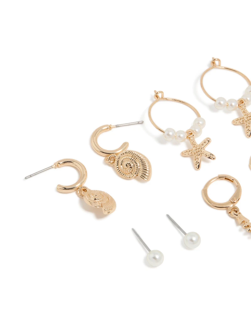 Gold Sea Life Huggie Earrings 6-Pack