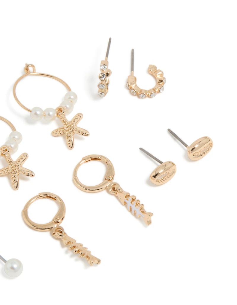 Gold Sea Life Huggie Earrings 6-Pack