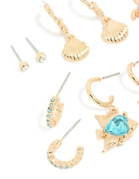 Gold Aqua Diamante Stingray & Sea Life Earrings 6-Pack