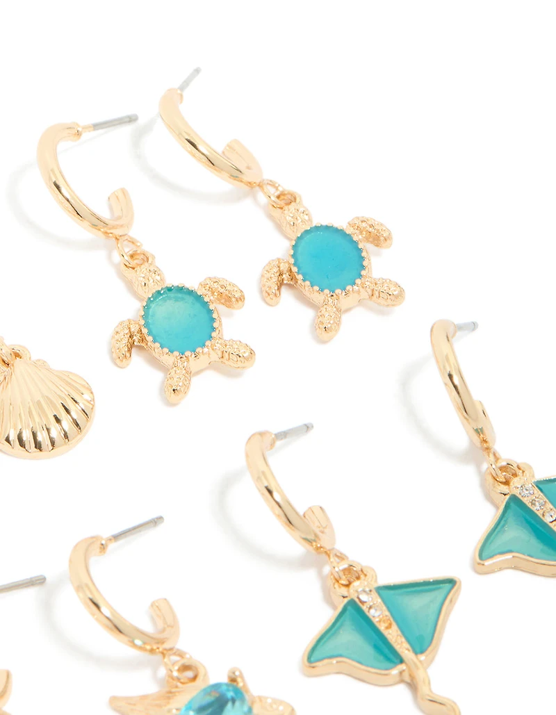 Gold Aqua Diamante Stingray & Sea Life Earrings 6-Pack