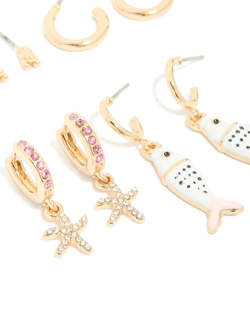 Gold Pink & Enamel Fish Earrings 5-Pack