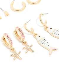 Gold Pink & Enamel Fish Earrings 5-Pack
