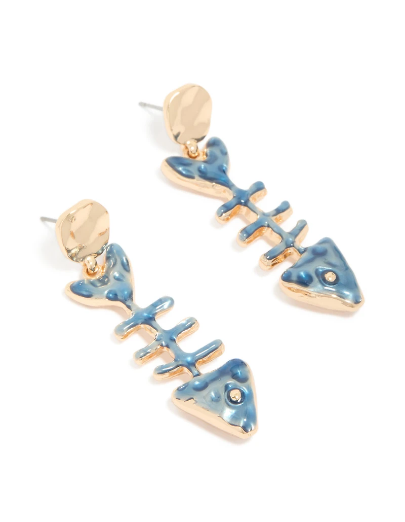 Boucles d’oreilles tombantes en forme de squelette de poisson bleu doré