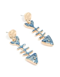 Boucles d’oreilles tombantes en forme de squelette de poisson bleu doré