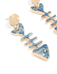 Gold Blue Fish Skeleton Drop Earrings
