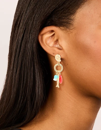 Boucles d’oreilles tombantes en perles dorées rouges et porte-bonheur de poisson