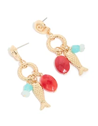 Gold Red Beaded & Fish Charm Drop Earrings