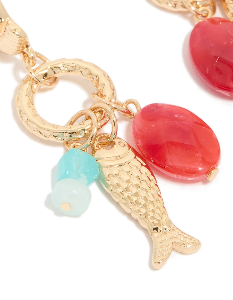 Gold Red Beaded & Fish Charm Drop Earrings