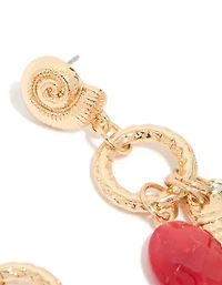 Boucles d’oreilles tombantes en perles dorées rouges et porte-bonheur de poisson