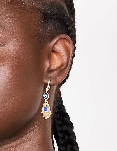 Gold Cubic Zirconia Evil Eye & Hamsa Hand Drop Earrings