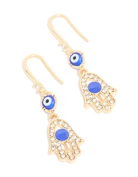 Gold Cubic Zirconia Evil Eye & Hamsa Hand Drop Earrings