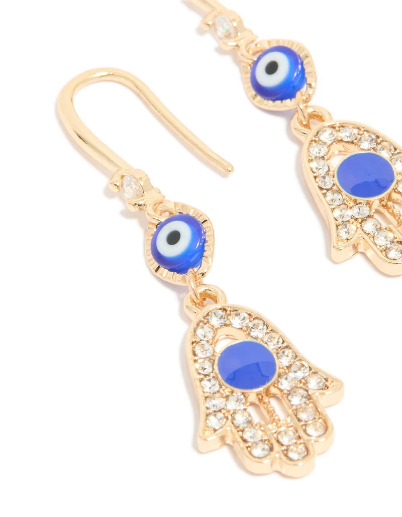 Boucles d’oreilles en zircone cubique dorées et Hamsa à main