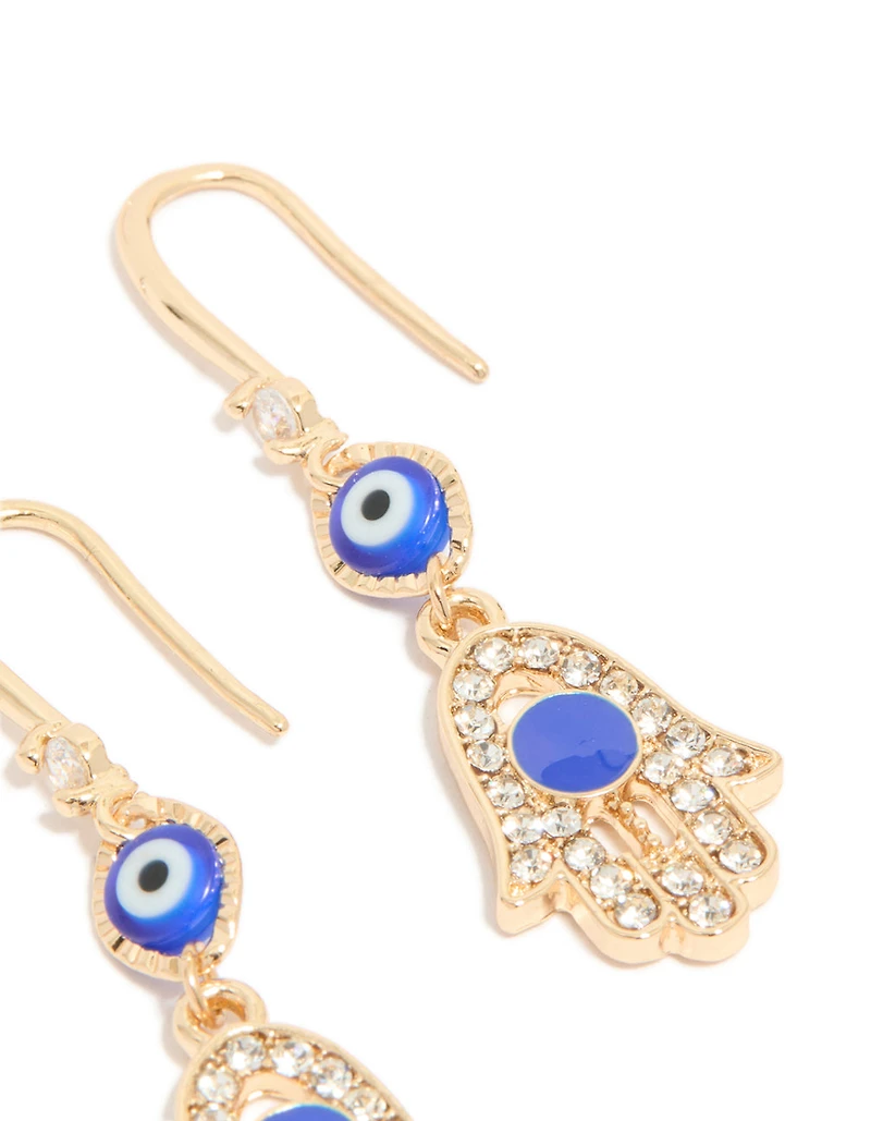 Gold Cubic Zirconia Evil Eye & Hamsa Hand Drop Earrings
