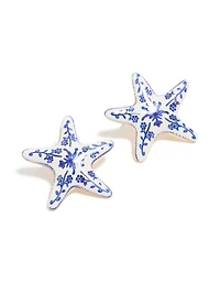 Gold White & Dark Blue Painted  Floral Starfish Stud Earrings