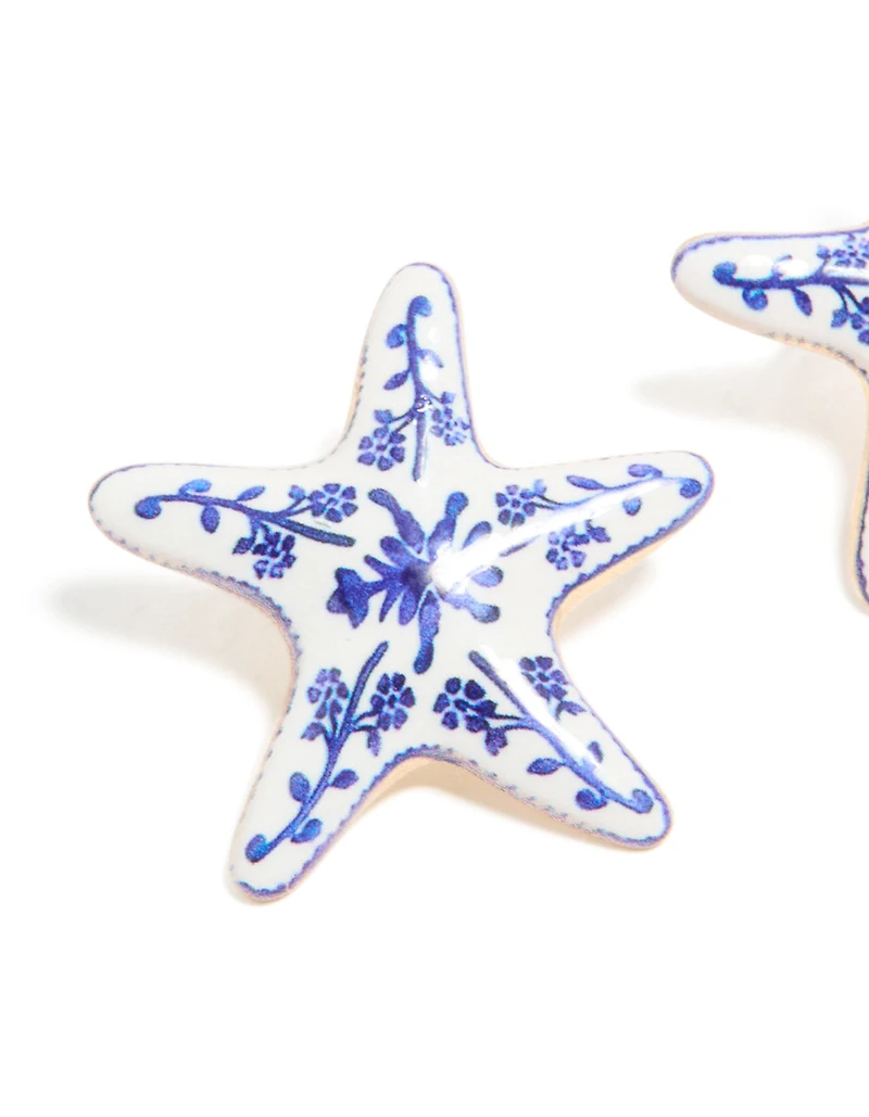Gold White & Dark Blue Painted Floral Starfish Stud Earrings