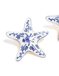 Gold White & Dark Blue Painted  Floral Starfish Stud Earrings