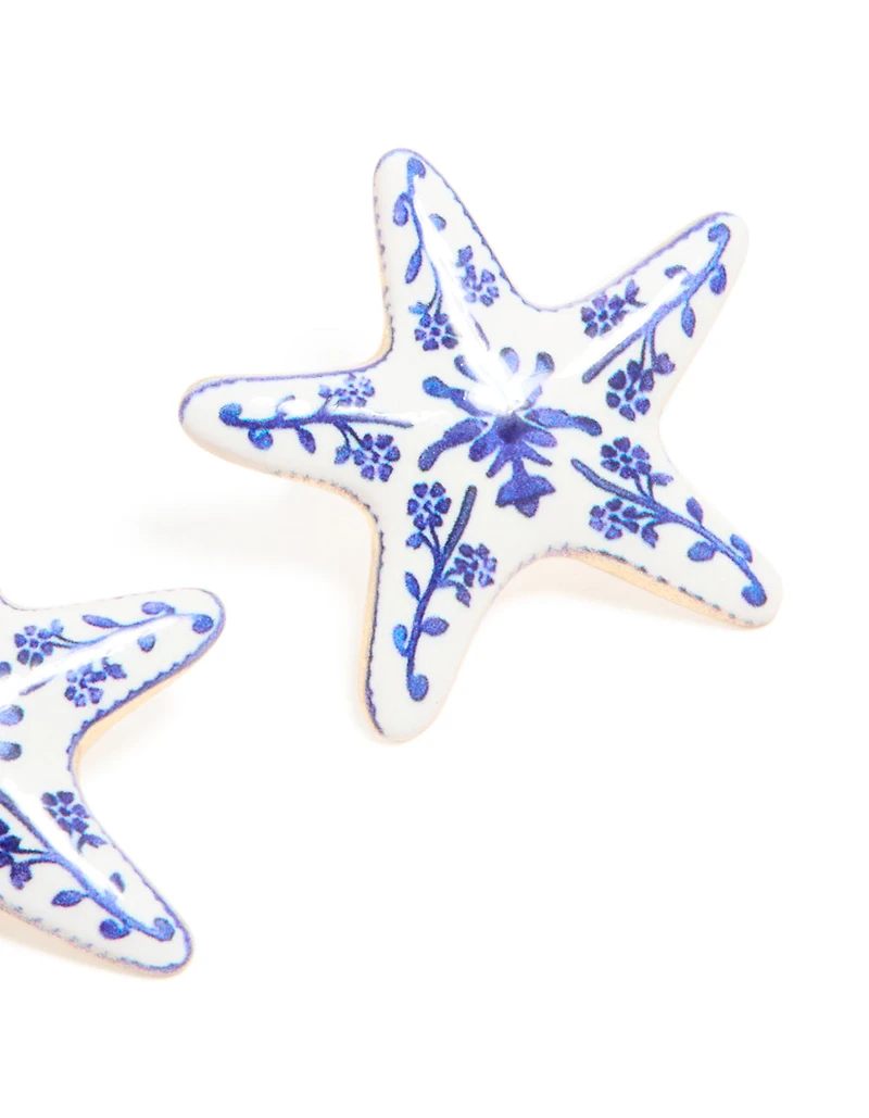 Gold White & Dark Blue Painted Floral Starfish Stud Earrings