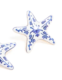Gold White & Dark Blue Painted  Floral Starfish Stud Earrings