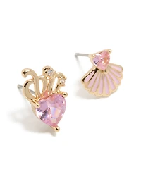 Gold Link Pink Cubic Zirconia Heart & Shell Stud Earrings