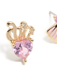 Gold Link Pink Cubic Zirconia Heart & Shell Stud Earrings