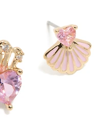 Gold Link Pink Cubic Zirconia Heart & Shell Stud Earrings