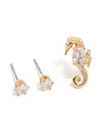 Gold Diamante & Seahorse Stud Earrings 3-Pack