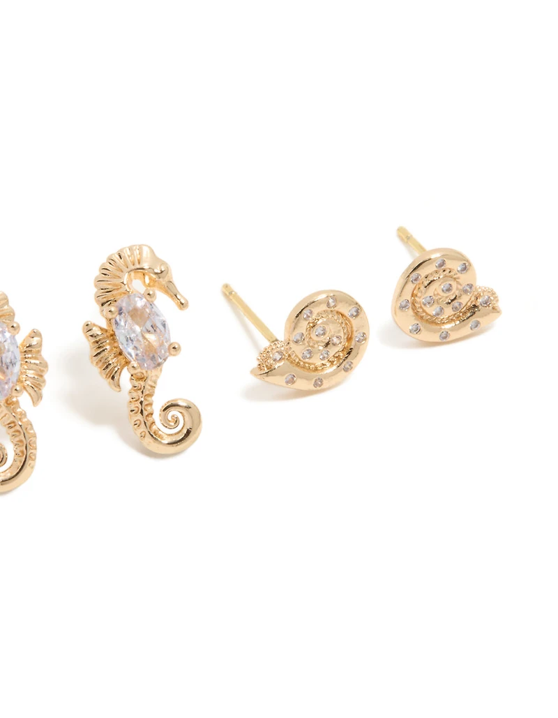 Gold Diamante & Seahorse Stud Earrings 3-Pack