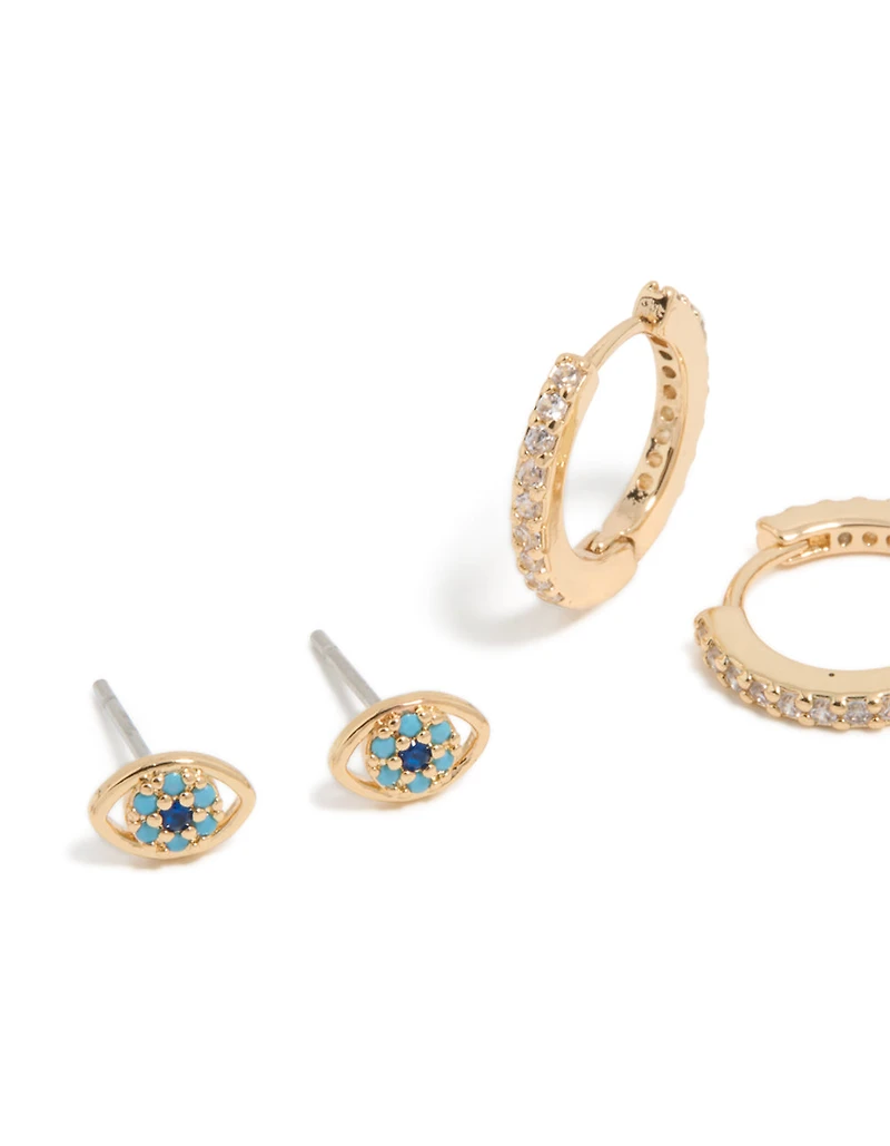 Gold Cubic Zirconia Evil Eye & Cross Earrings 3-Pack
