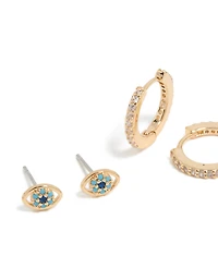 Gold Cubic Zirconia Evil Eye & Cross Earrings 3-Pack
