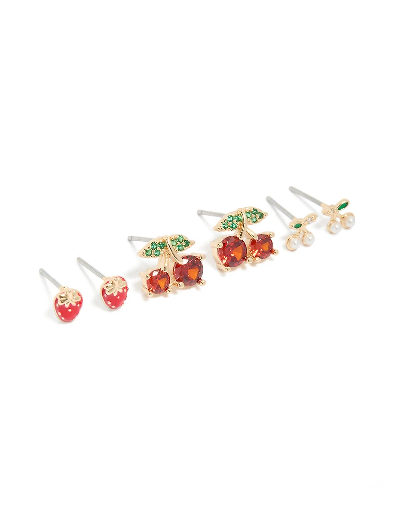 Gold Strawberry & Cherries Earrings 3-Pack