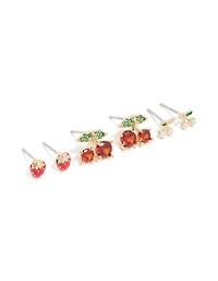 Gold Strawberry & Cherries Earrings 3-Pack