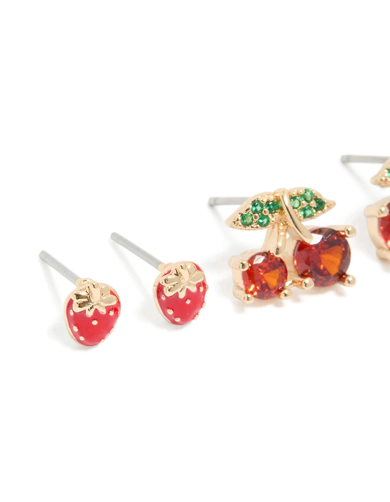 Pack de 3 boucles d’oreilles en or fraise et cerises
