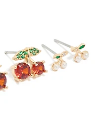 Pack de 3 boucles d’oreilles en or fraise et cerises
