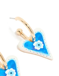 Gold Blue Heart With A Flower Inside Huggie Earrings