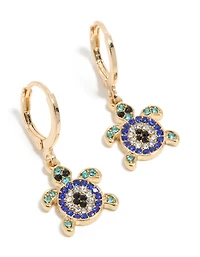 Gold Blue Diamante Turtle Huggie Earrings