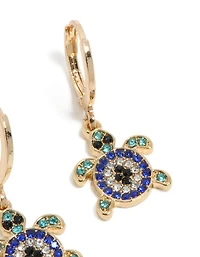Gold Blue Diamante Turtle Huggie Earrings