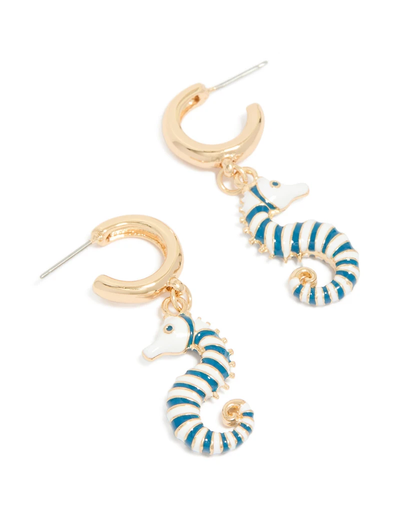 Boucles d’oreilles ouvertes à cerceaux dorées, bleu et blanc