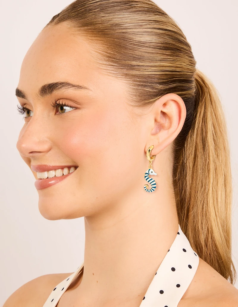 Boucles d’oreilles ouvertes à cerceaux dorées, bleu et blanc