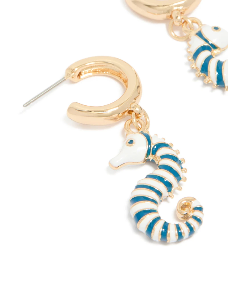 Boucles d’oreilles ouvertes à cerceaux dorées, bleu et blanc