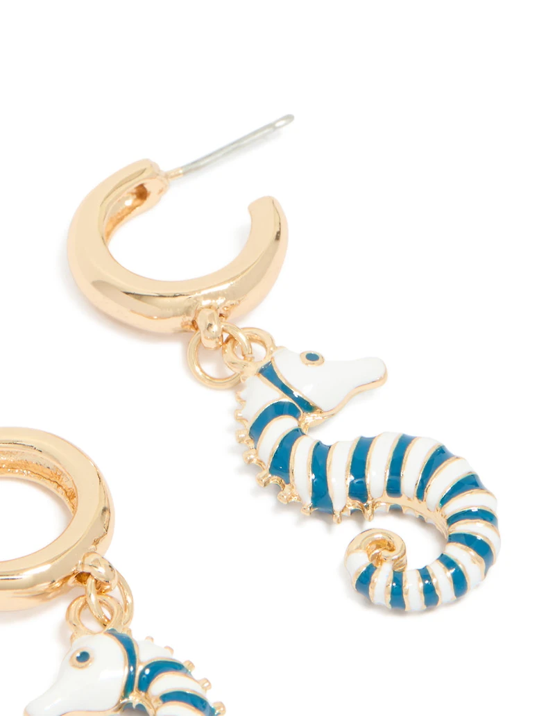 Boucles d’oreilles ouvertes à cerceaux dorées, bleu et blanc